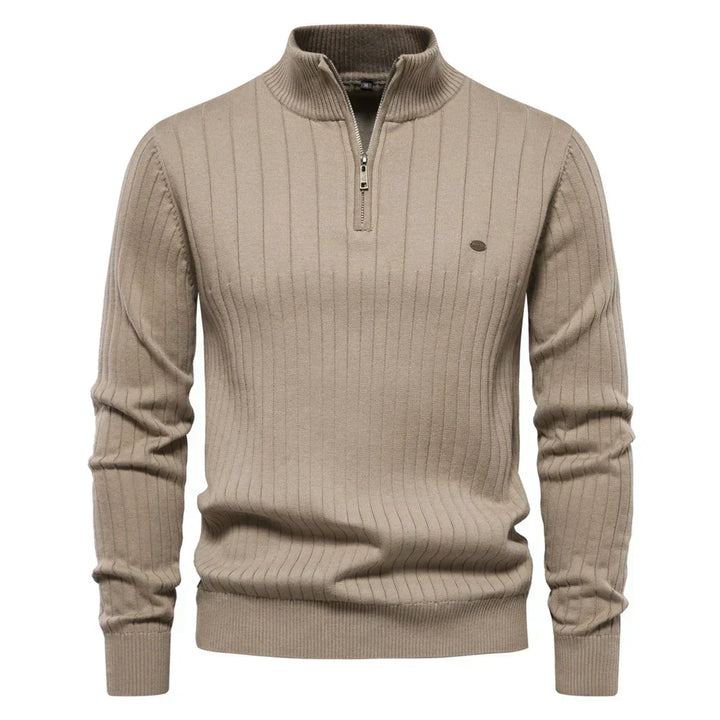 Comfortable men's knitwear sweater. Features a practical zipper & stylish stand-up collar. Warm winter apparel.