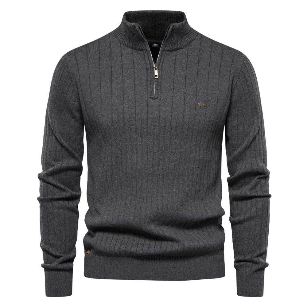 Ardel men's cotton knit sweater, featuring a stylish stand-up collar & convenient zipper for warmth.