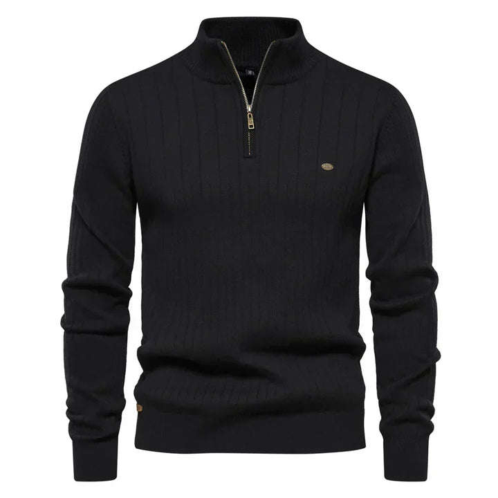 Stylish men's casual knit sweater with a zipper & stand-up collar. Perfect for a warm, layered winter look.
