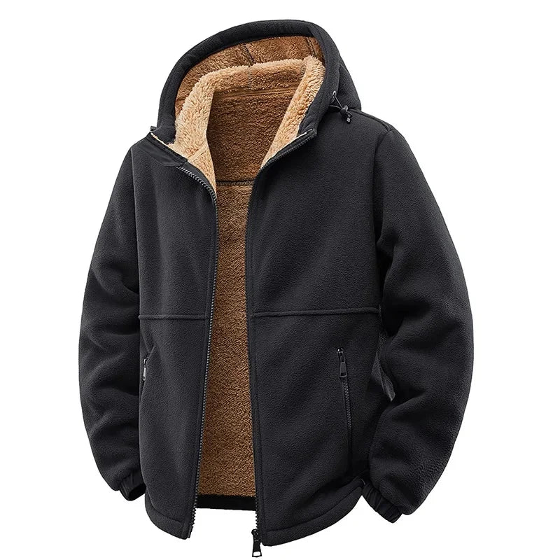 Lifestyle shot of a man enjoying the outdoors in a soft, warm fleece zip-up jacket.