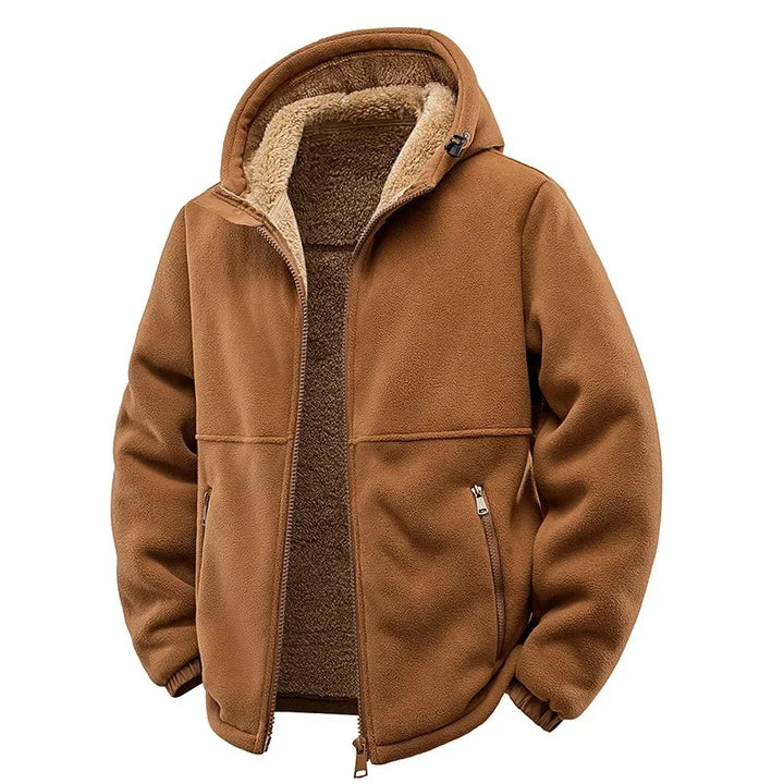 Folded men's cozy fleece zip-up jacket, showcasing its soft material and easy storage.