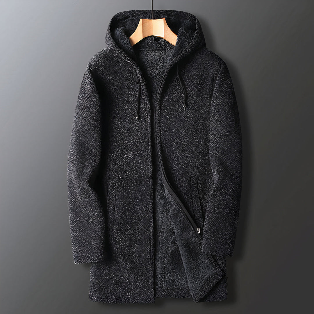 Marcus warm men's fleece jacket with hood, ideal fall & winter coat for comfort & style. Zip-up design.