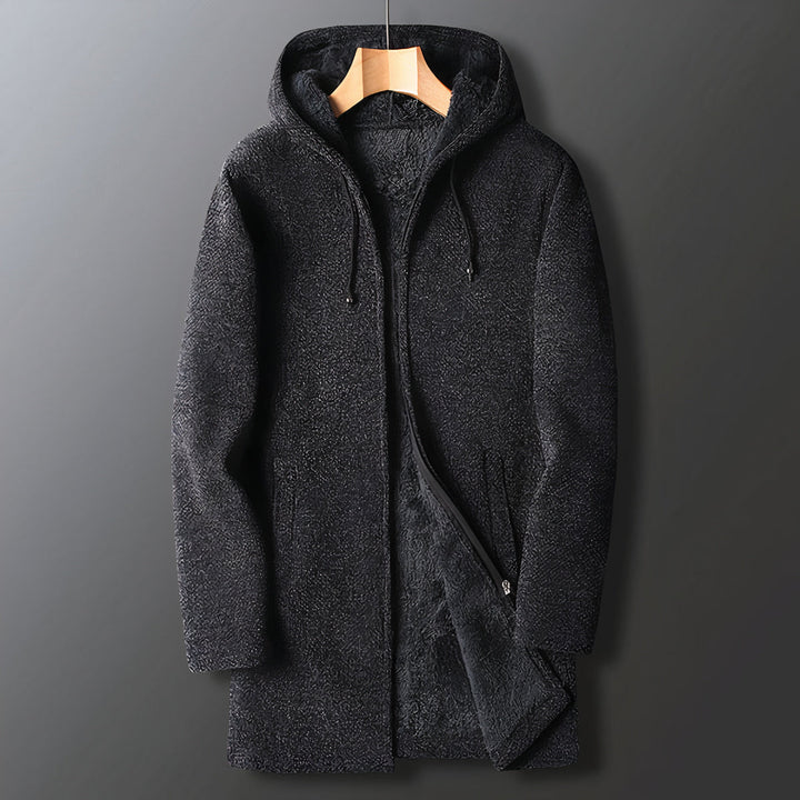 Marcus warm men's fleece jacket with hood, ideal fall & winter coat for comfort & style. Zip-up design.
