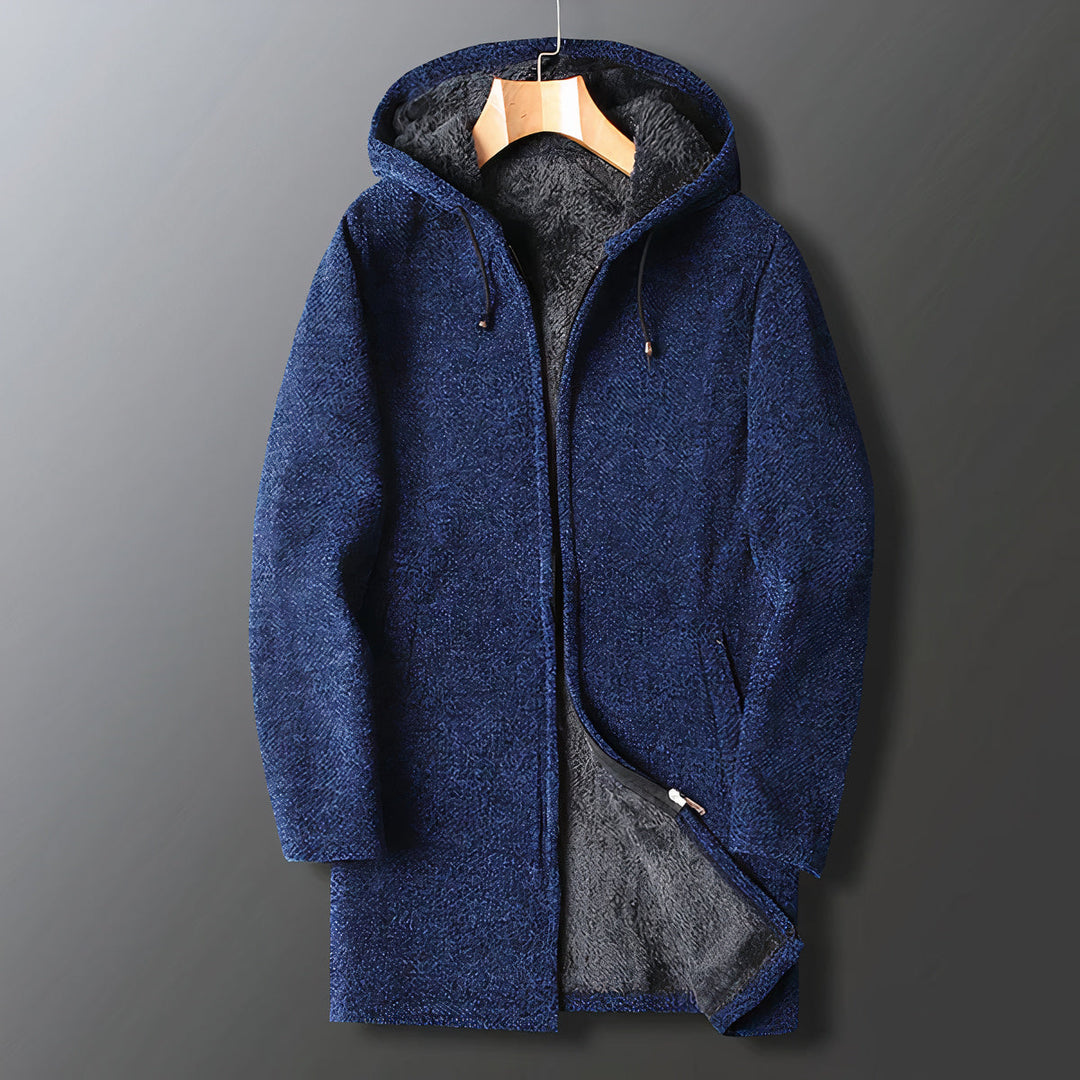 Stylish men's hooded jacket. Warm, comfortable zip-up fleece outerwear for fall & winter fashion.
