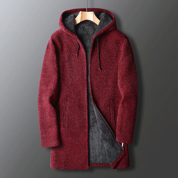 Men's casual hooded fleece jacket. Warm outerwear with zip-up design, perfect for fall & winter comfort.