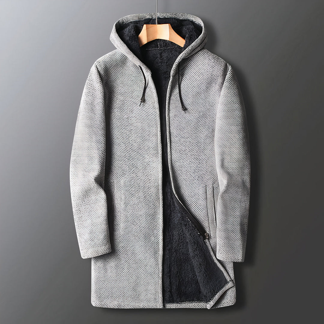 Marcus warm men's hooded fleece jacket. Cozy zip-up winter coat, offering comfort & style for cool weather.