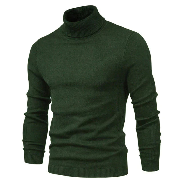 Folded men's knitted high neck winter pullover, showcasing its warmth
