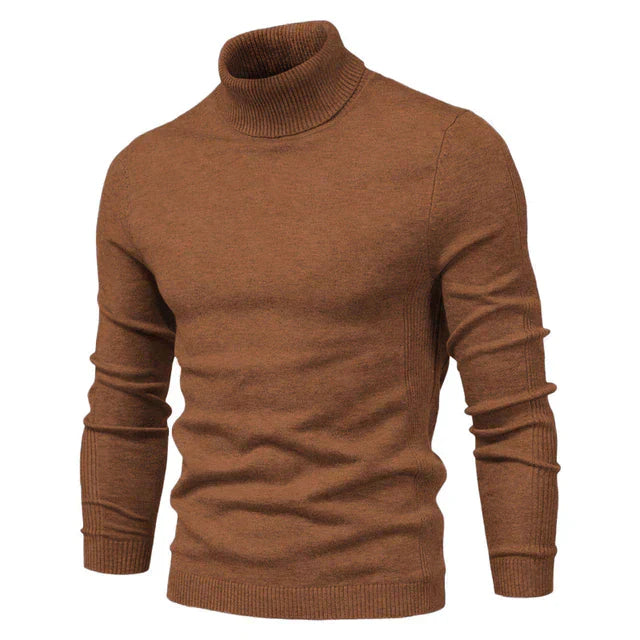 Front view of a men's cozy knitted high neck winter sweater, classic style