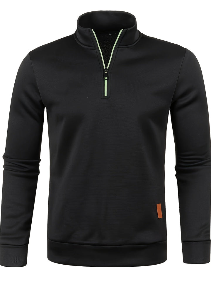 Warm men's cozy neck zip pullover, an essential long-sleeve sweater for winter comfort & style.