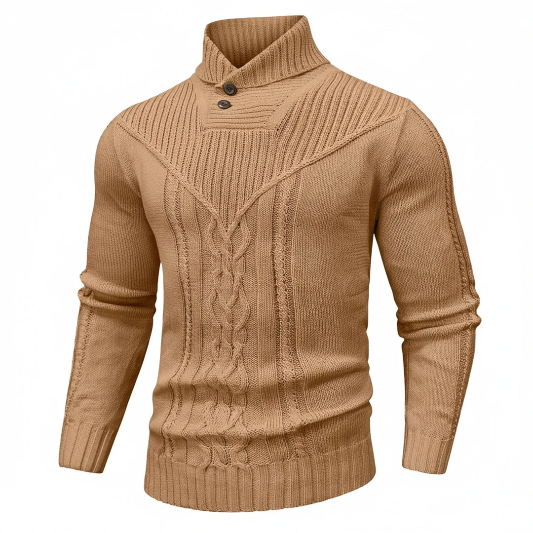 Classic men's shawl collar cable knit sweater. Elegant men's knitwear with button closure, perfect for stylish winter outfits.