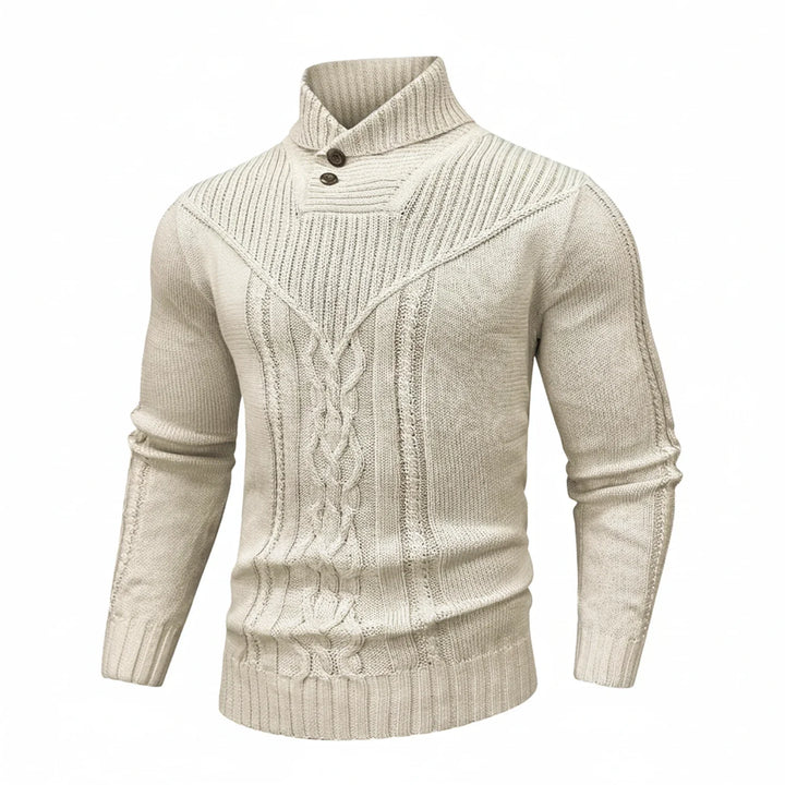 Stylish men's cable knit sweater featuring a shawl collar. A warm and cozy addition to your winter fashion wardrobe.