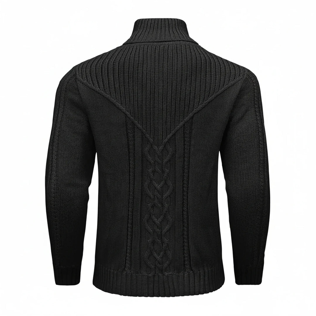 Warm men's knitwear: A cozy cable knit sweater with a distinctive shawl collar, great for stylish men's winter apparel.