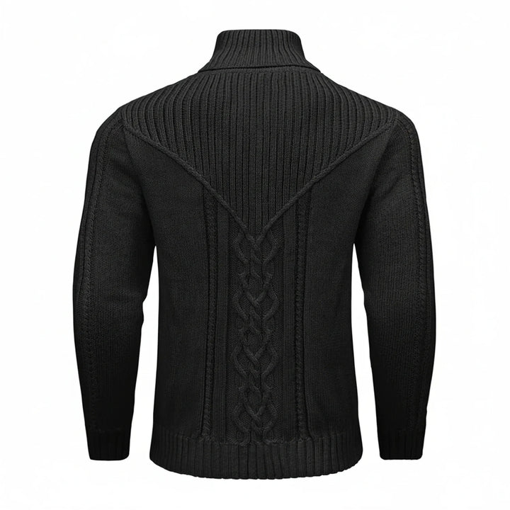 Warm men's knitwear: A cozy cable knit sweater with a distinctive shawl collar, great for stylish men's winter apparel.