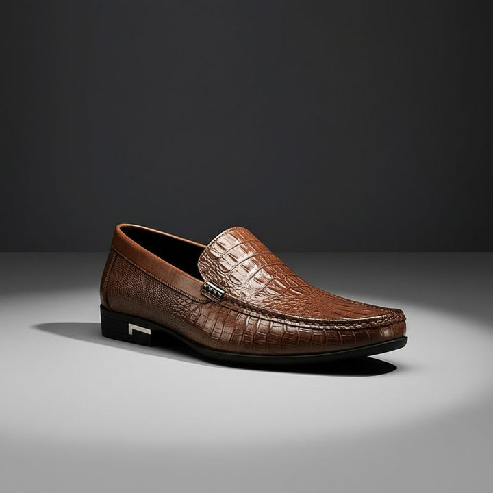 Men's crocodile embossed slip-on loafers, perfect for dress or casual wear. Professional, stylish footwear.