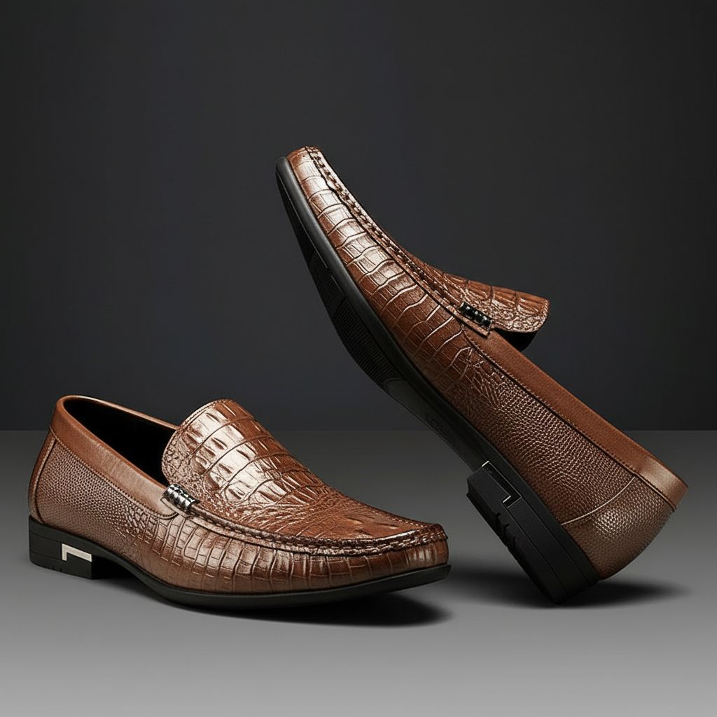 Fashion-forward men's crocodile embossed slip-on loafers. Comfortable and stylish dress shoes for modern men's fashion.