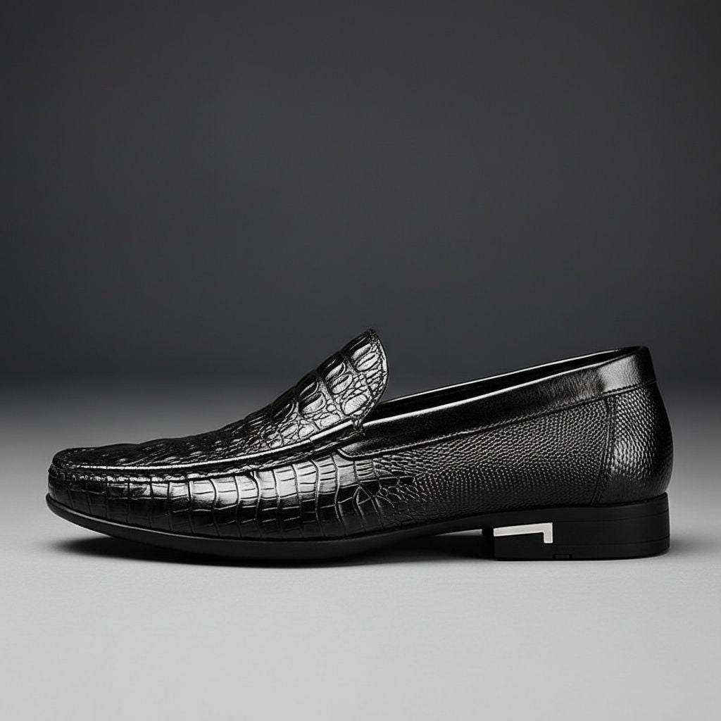 Men's comfortable slip-on loafers with crocodile embossed texture. Ideal professional or casual dress shoes for men.