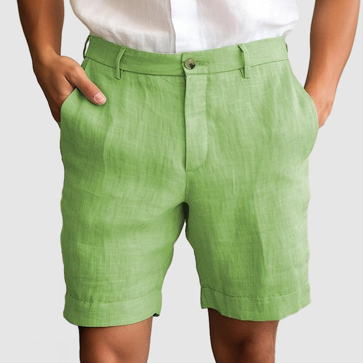 Versatile men's summer dress shorts, flat front and cuffed for casual or smart-casual wear.