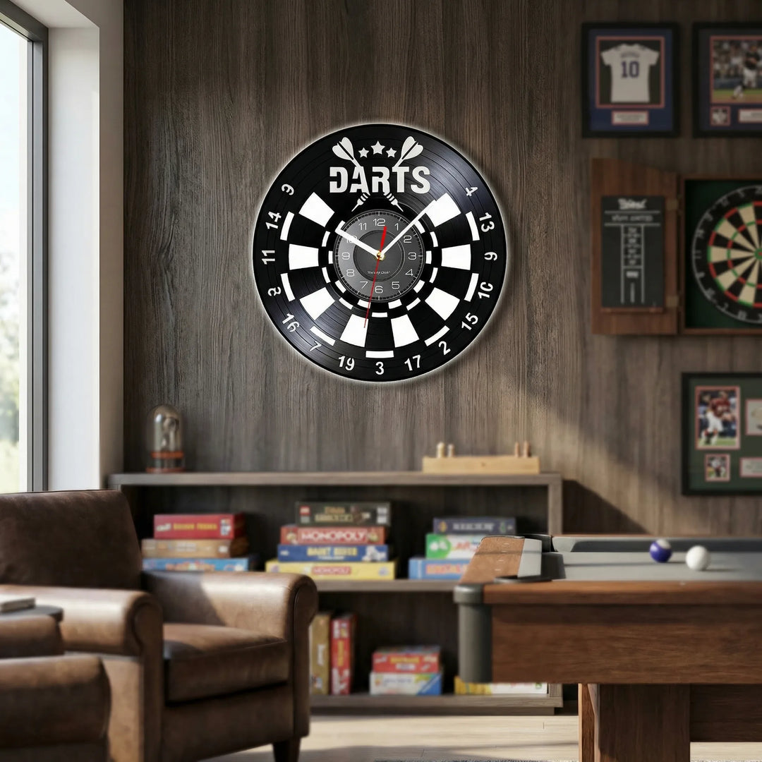 Men's dartboard wall clock with silent sweep design. Perfect game room or man cave decor for darts enthusiasts.