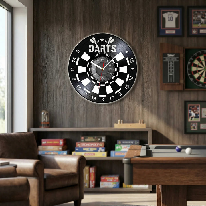 Men's dartboard wall clock with silent sweep design. Perfect game room or man cave decor for darts enthusiasts.