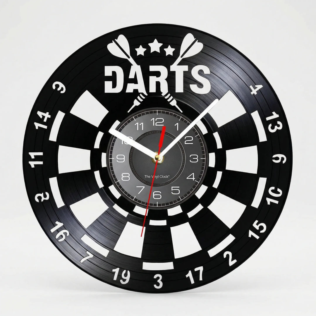 Stylish dartboard wall clock for men's home or game room decor. Silent quartz movement, great gift for dart players.