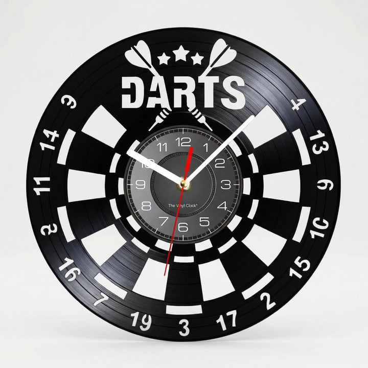 Stylish dartboard wall clock for men's home or game room decor. Silent quartz movement, great gift for dart players.