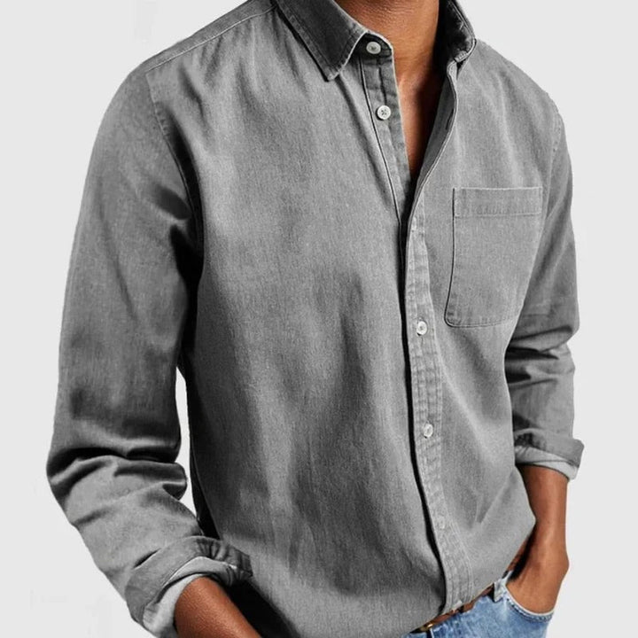 Men's Dorian denim shirt: classic long-sleeve, button-up. Versatile smart casual everyday fashion, timeless style.