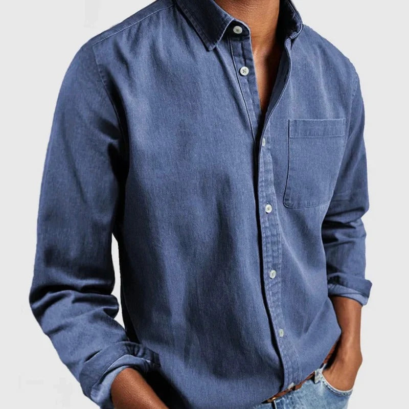 Comfortable men's denim shirt, long sleeve, button-up. Perfect for versatile everyday fashion & smart casual autumn wear.