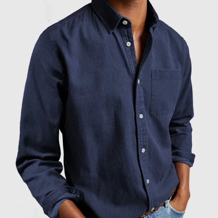 Dorian men's denim shirt, classic long-sleeve button-up. Versatile style for everyday fashion & smart casual autumn wear.