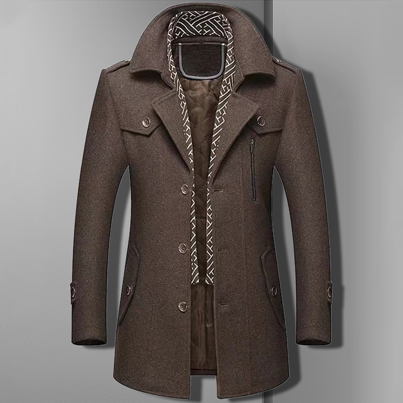 Men's double-breasted military style overcoat, a classic winter outerwear in navy wool, full length
