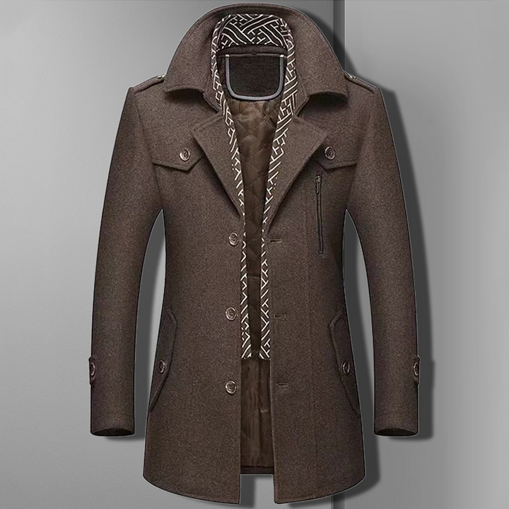 Men's double-breasted military style overcoat, a classic winter outerwear in navy wool, full length
