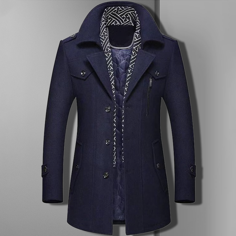 Stylish men's double-breasted military overcoat, featuring peak lapels and gold buttons, for formal wear