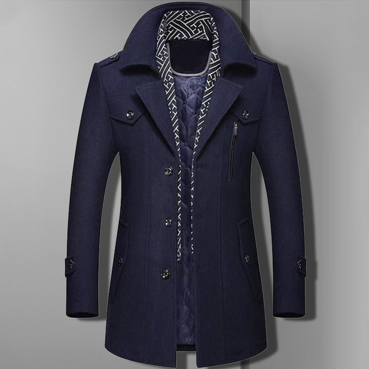 Stylish men's double-breasted military overcoat, featuring peak lapels and gold buttons, for formal wear