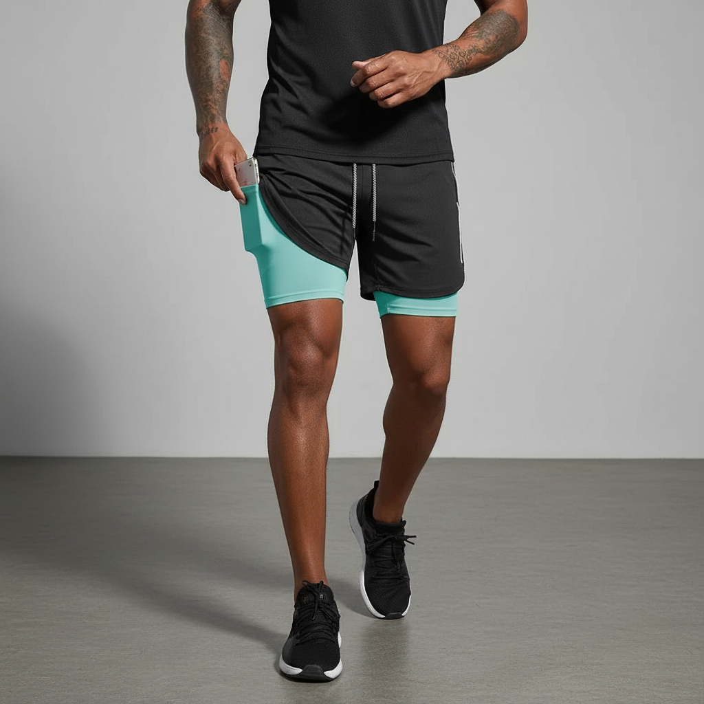 Men's double layer running shorts by RunVibeX, offering ultimate comfort & secure fit for athletes.