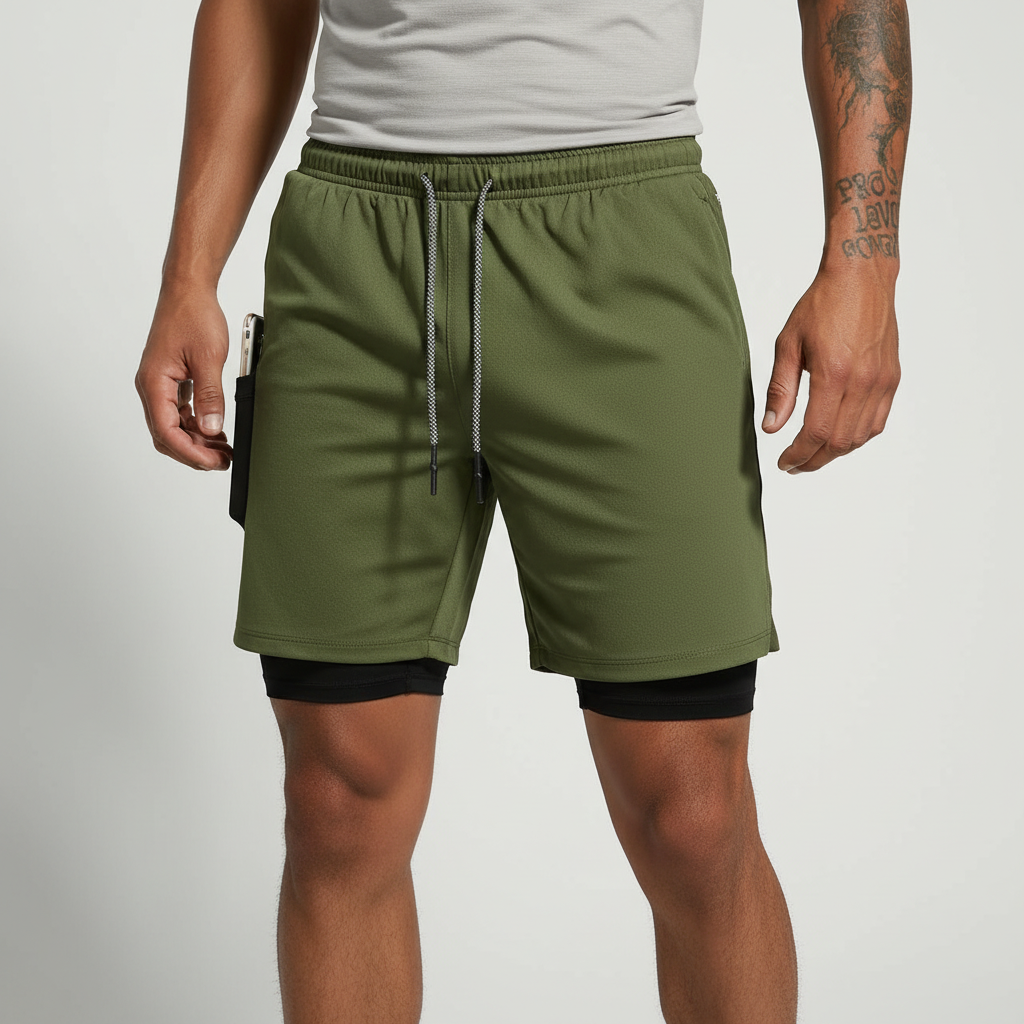 Front view: Men's double layer athletic shorts, highlighting comfort, secure fit, & modern activewear style.