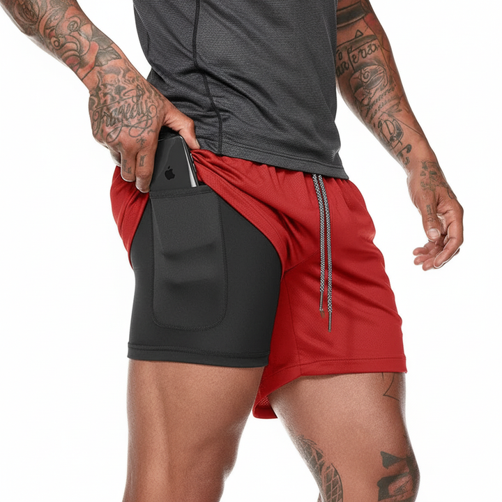 Back view: Men's double layer workout shorts, demonstrating secure fit, durable construction, & performance.