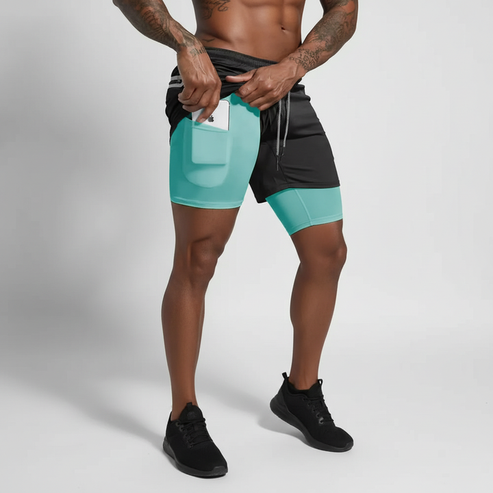 Performance men's running shorts with double layer design, perfect for intense workouts & training.