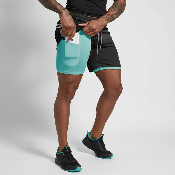 Gym workout shorts for men, featuring a double layer for enhanced performance and secure athletic wear.
