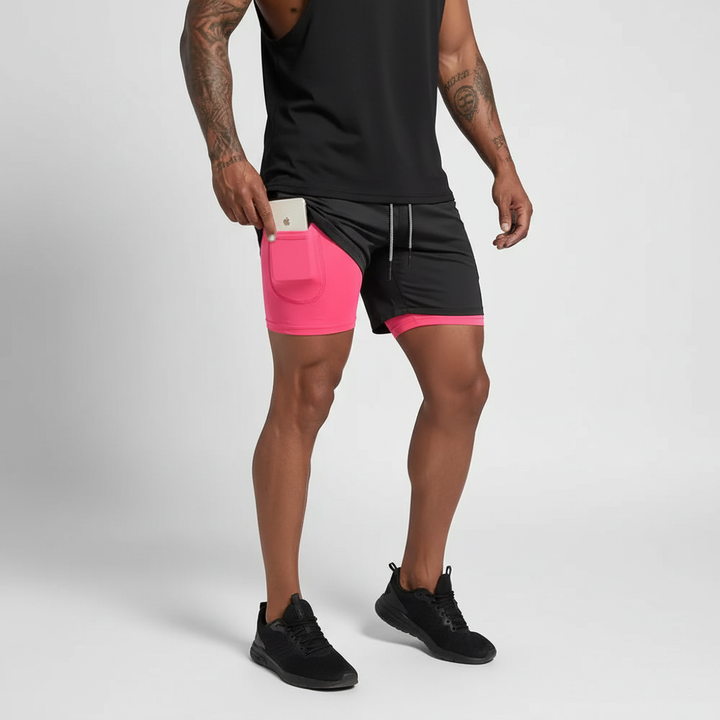 High-performance men's training shorts, double layer for breathable comfort & durability in activewear.