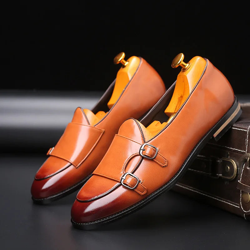 Men's double monk strap leather loafers, black, dress shoes, formal footwear