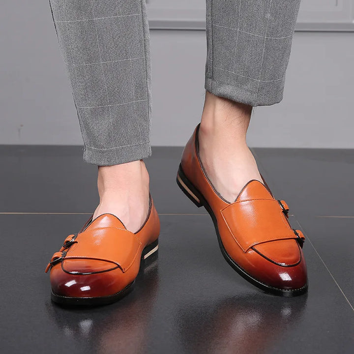 Men's sophisticated double monk strap dress shoes in dark brown leather