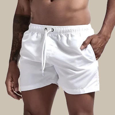 Performance men's athletic swim shorts with drawstring, designed for active summer water sports.
