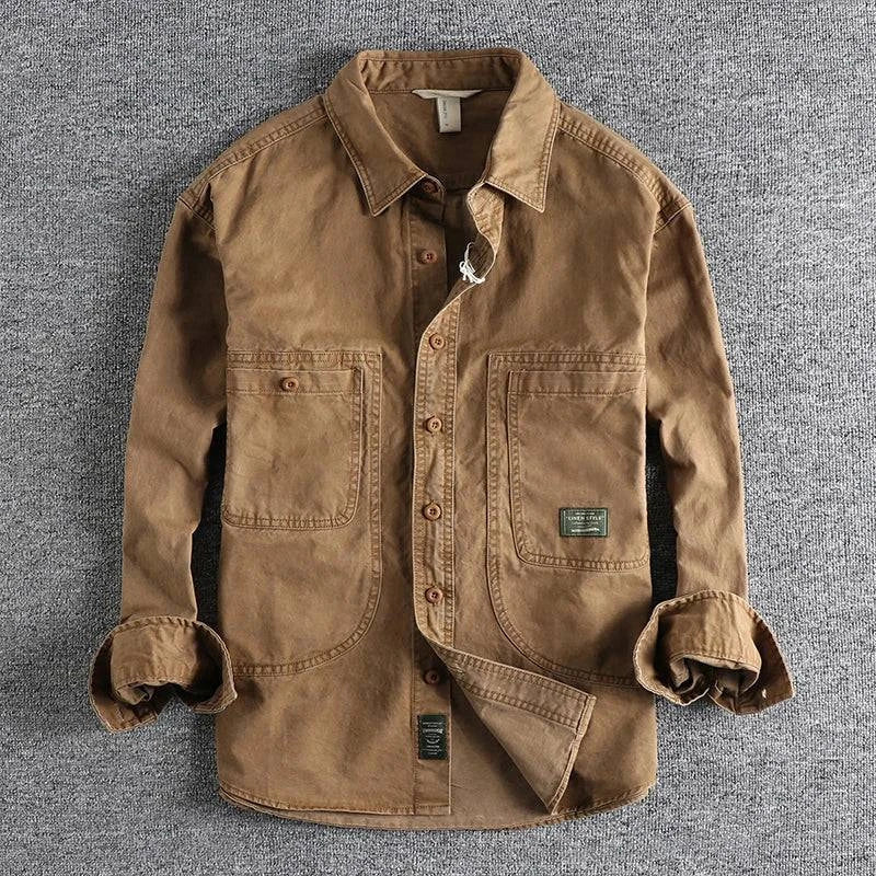 Men's durable long-sleeve field shirt in taupe, perfect for rugged style, workwear, or casual outerwear.