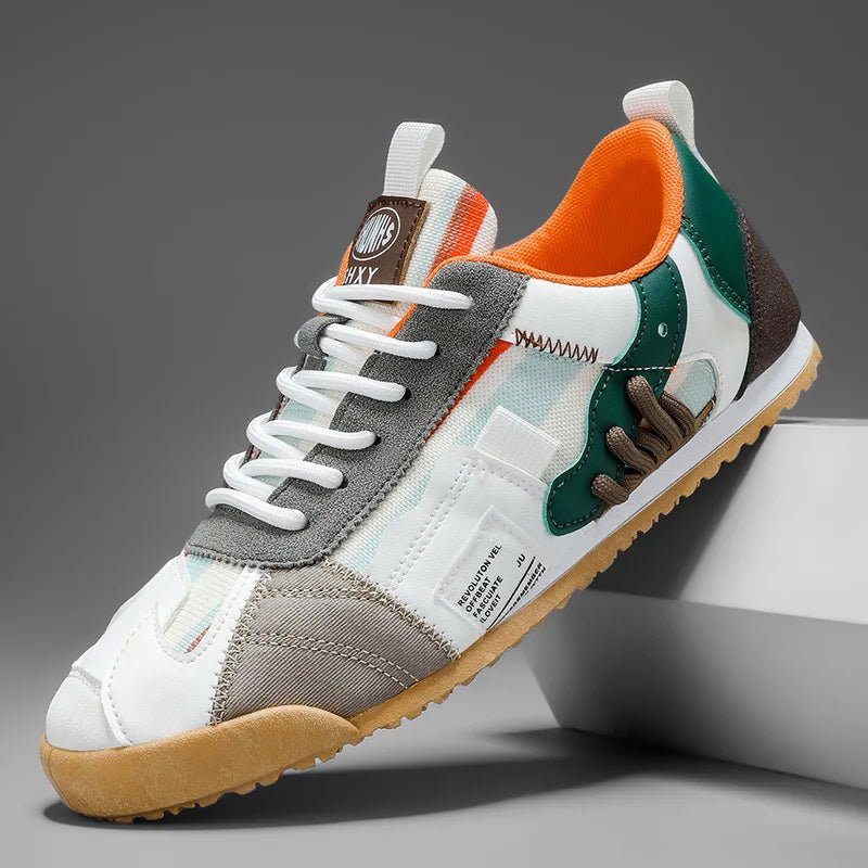 Rugged men's patchwork utility sneakers, durable for urban and outdoor adventures.