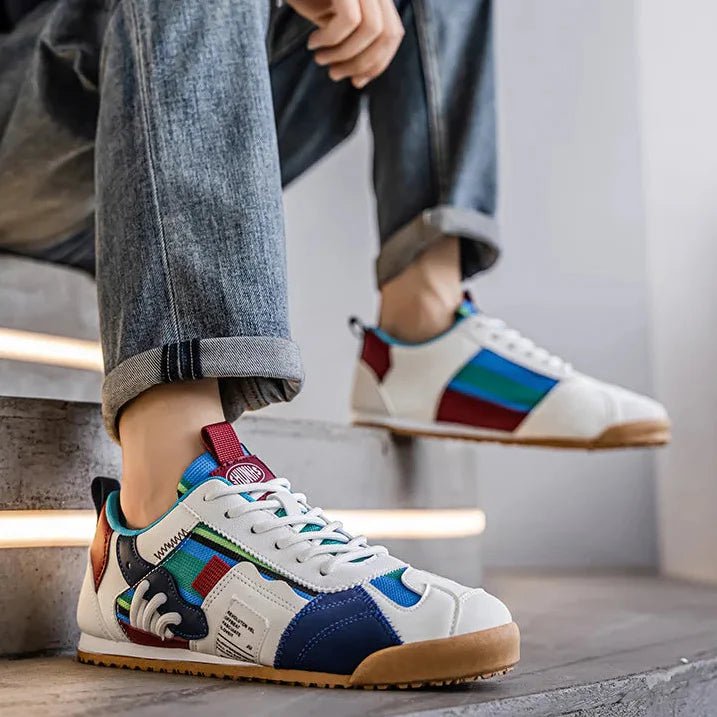 Comfortable men's utility sneakers, patchwork design for trail and street walking.