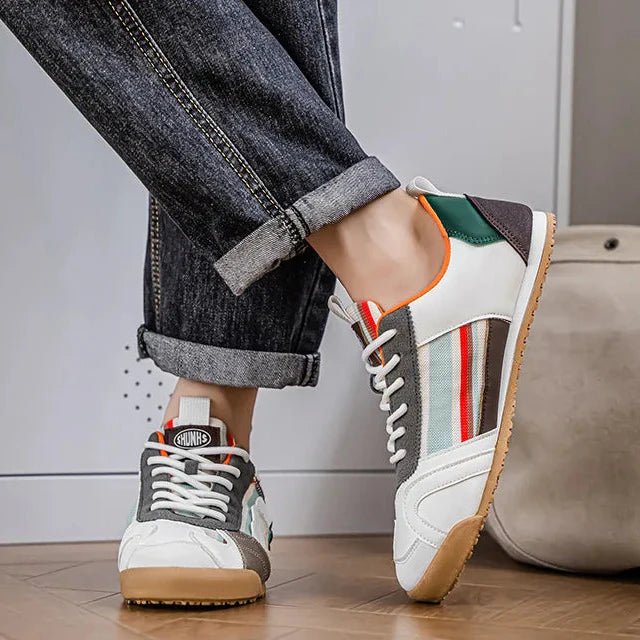 Side view of men's stylish patchwork utility sneakers, versatile for trail & street.
