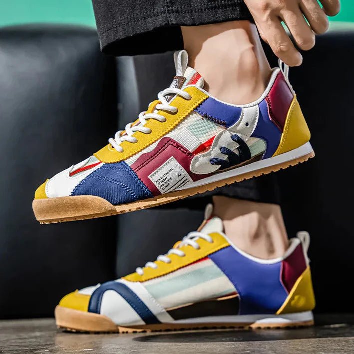 Top view of men's comfortable patchwork utility sneakers, ready for any adventure.