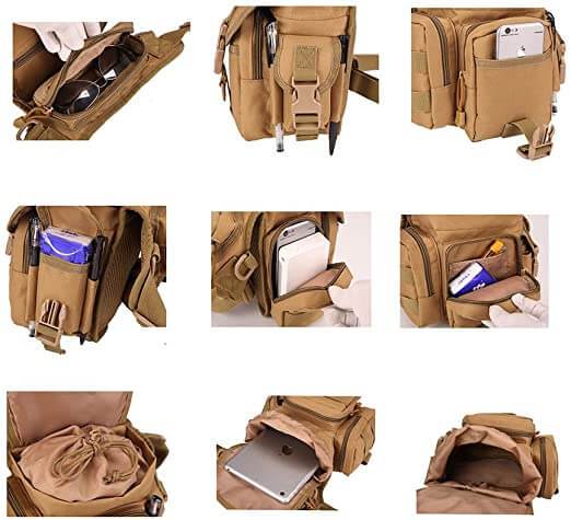 Men's tactical water-resistant leg bag in action, securely worn for active outdoor adventure.