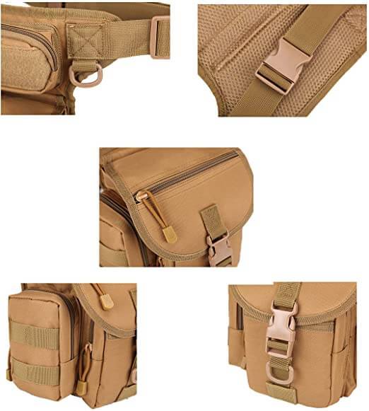 Water-resistant men's tactical leg bag with multiple pockets for adventure and motorcycle travel.