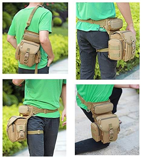 Multi-pocket men's tactical drop leg bag, water-resistant for travel, adventure, and motorcycle.