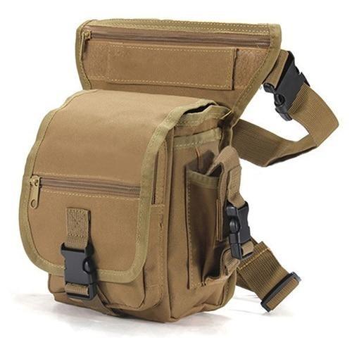 Black men's durable tactical drop leg bag, water-resistant, ideal for adventure and daily use.